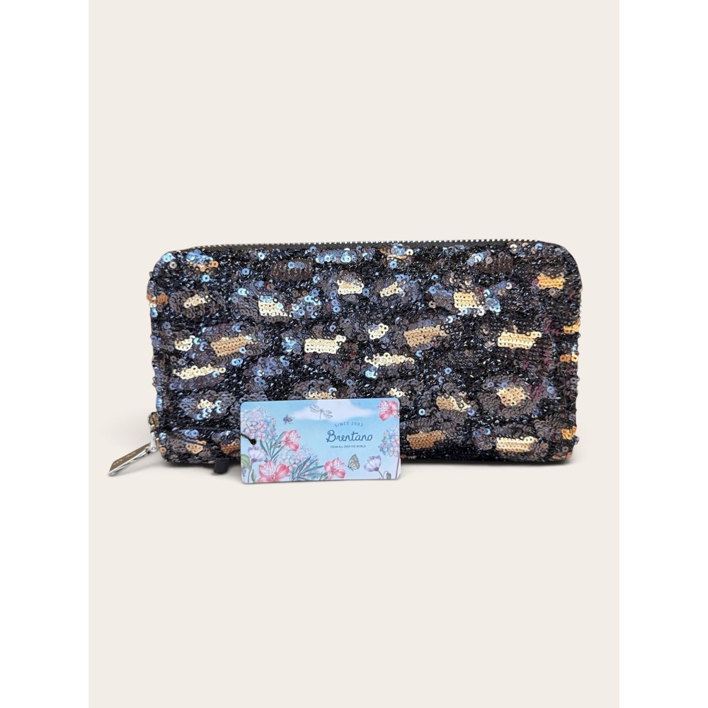 Brentano Leopard Sequin Zip Around Wristlet Wallet Black Gold WT00216 SQ NWT
